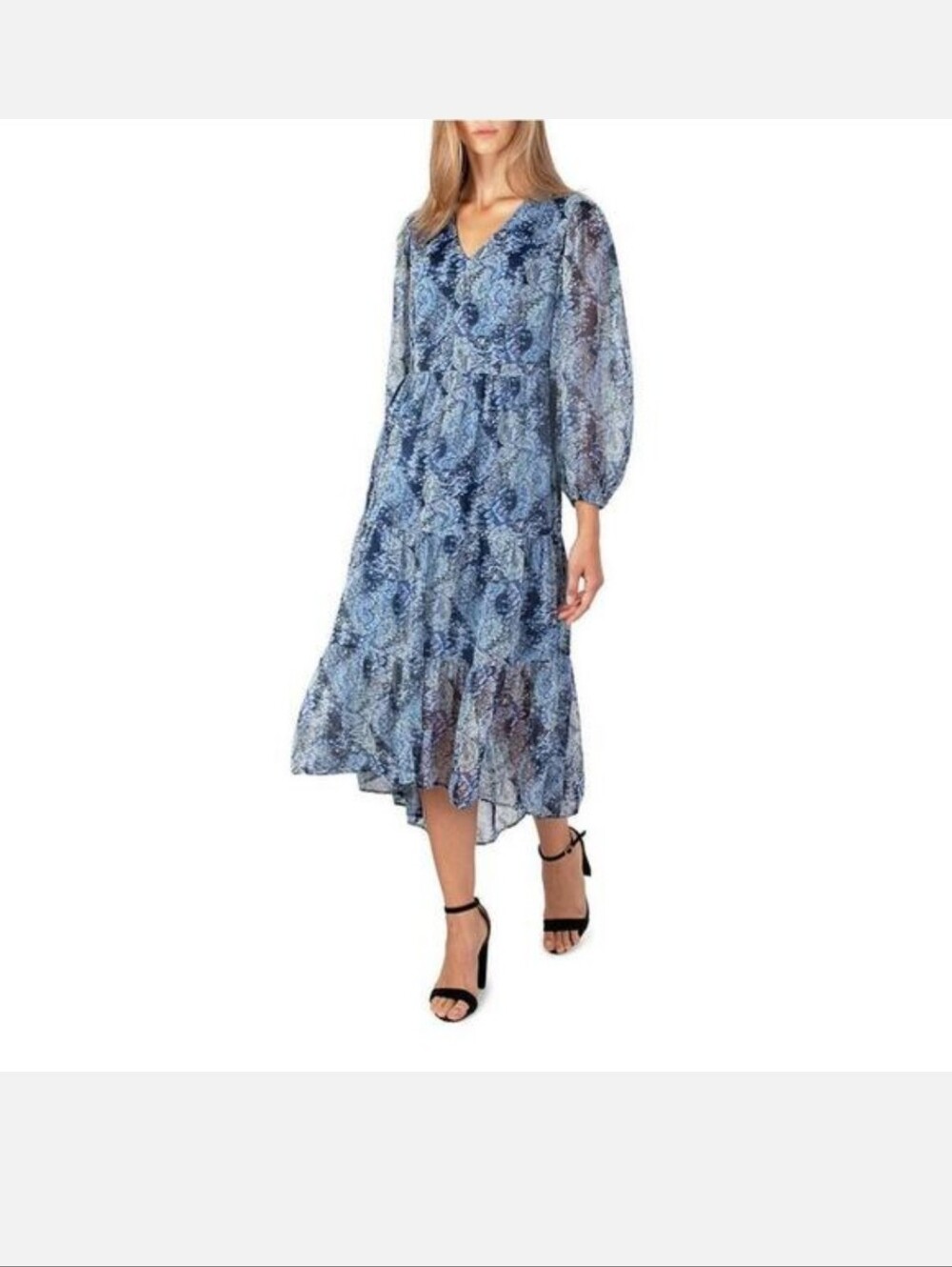 Joie Blue Floral V-Neck Long Sleeve Midi Dress